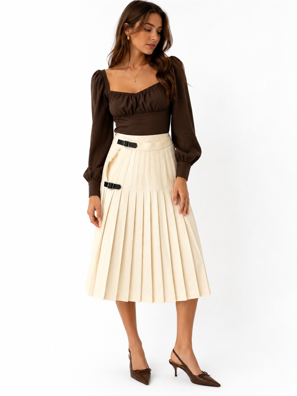 Women’s Cream Wool Pleated Kilt Skirt Wrap Buckle Fringe Midi